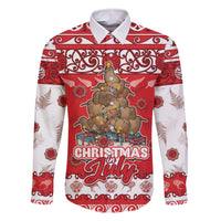Personalised New Zealand Christmas In July Family Matching Long Sleeve Bodycon Dress and Hawaiian Shirt Maori Kiwi Xmas Tree - Red LT05 Dad's Shirt - Long Sleeve Red - Polynesian Pride
