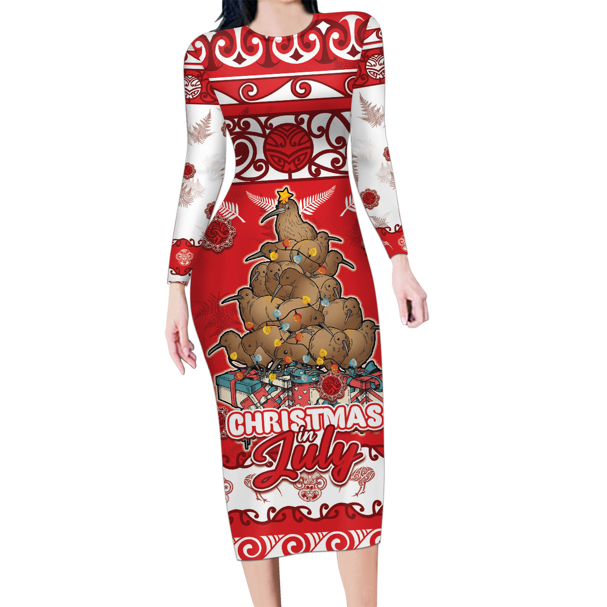 Personalised New Zealand Christmas In July Family Matching Long Sleeve Bodycon Dress and Hawaiian Shirt Maori Kiwi Xmas Tree - Red LT05 Mom's Dress Red - Polynesian Pride