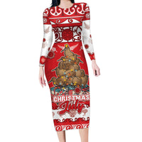 Personalised New Zealand Christmas In July Family Matching Long Sleeve Bodycon Dress and Hawaiian Shirt Maori Kiwi Xmas Tree - Red LT05 Mom's Dress Red - Polynesian Pride