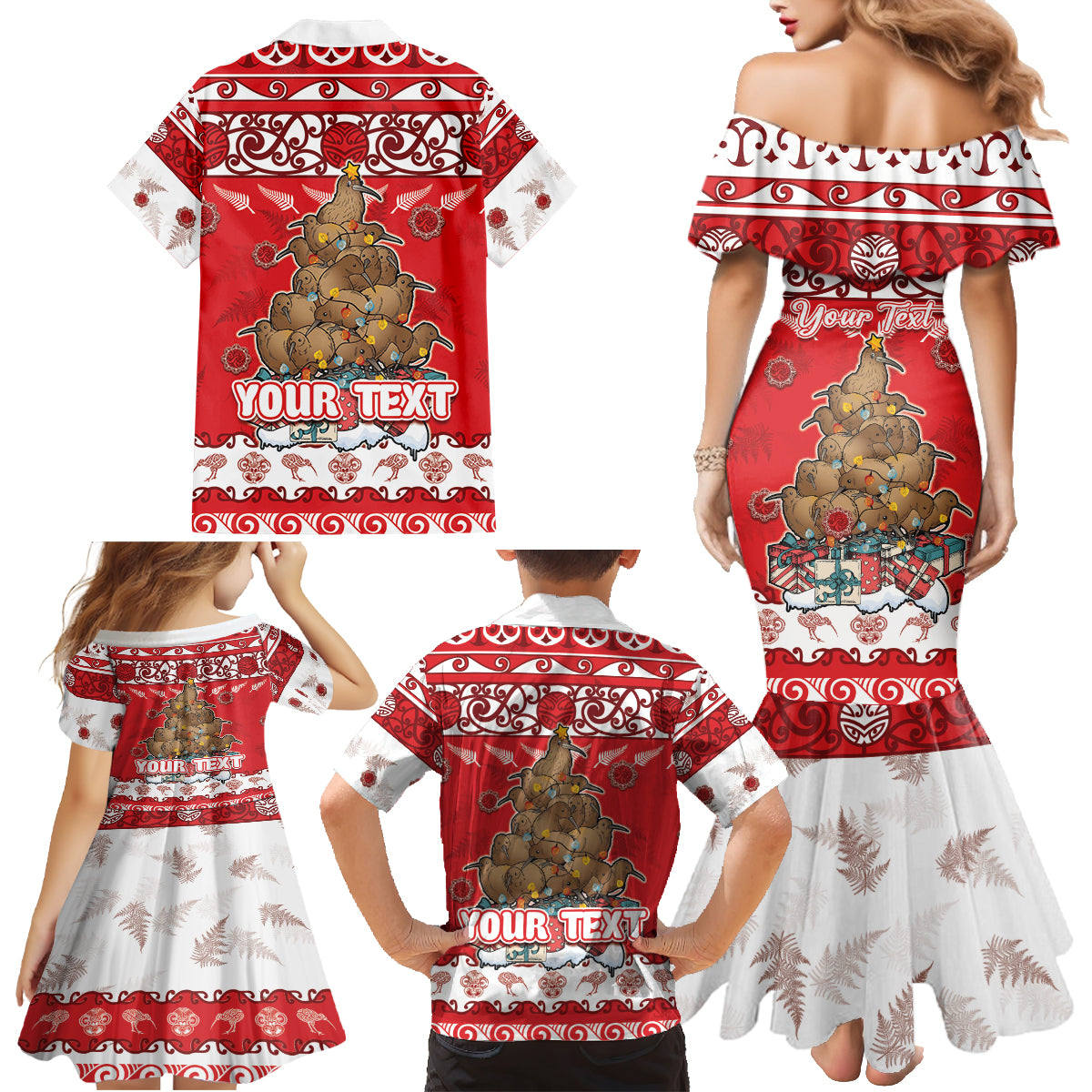 Personalised New Zealand Christmas In July Family Matching Mermaid Dress and Hawaiian Shirt Maori Kiwi Xmas Tree - Red LT05 - Polynesian Pride