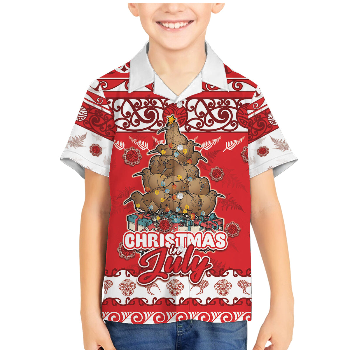 Personalised New Zealand Christmas In July Family Matching Mermaid Dress and Hawaiian Shirt Maori Kiwi Xmas Tree - Red LT05 Son's Shirt Red - Polynesian Pride