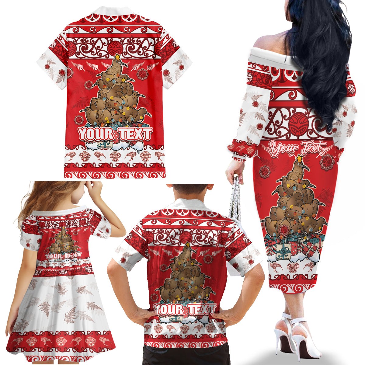 Personalised New Zealand Christmas In July Family Matching Off The Shoulder Long Sleeve Dress and Hawaiian Shirt Maori Kiwi Xmas Tree - Red LT05 - Polynesian Pride