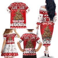 Personalised New Zealand Christmas In July Family Matching Off The Shoulder Long Sleeve Dress and Hawaiian Shirt Maori Kiwi Xmas Tree - Red LT05 - Polynesian Pride