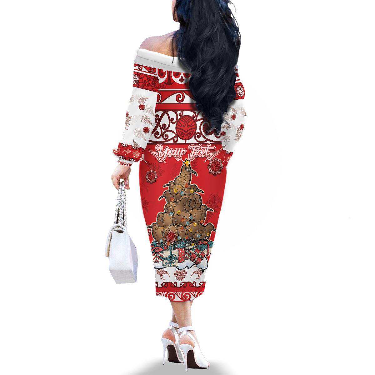 Personalised New Zealand Christmas In July Family Matching Off The Shoulder Long Sleeve Dress and Hawaiian Shirt Maori Kiwi Xmas Tree - Red LT05 - Polynesian Pride