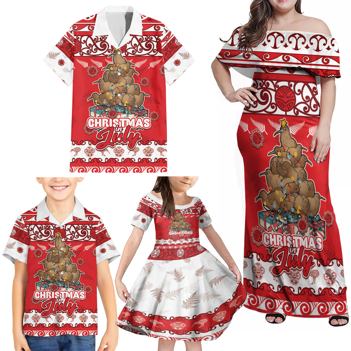 Personalised New Zealand Christmas In July Family Matching Off Shoulder Maxi Dress and Hawaiian Shirt Maori Kiwi Xmas Tree - Red LT05 - Polynesian Pride