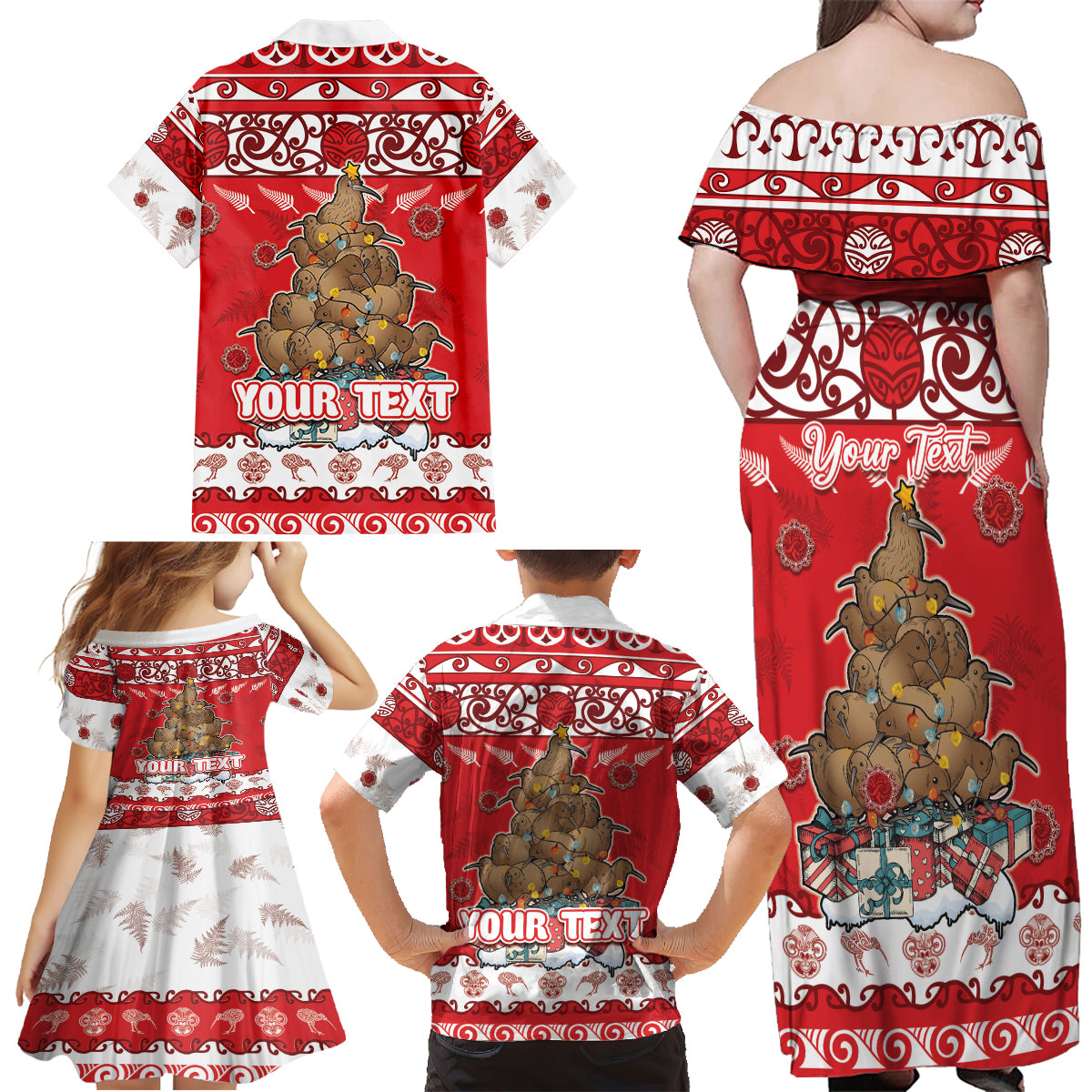 Personalised New Zealand Christmas In July Family Matching Off Shoulder Maxi Dress and Hawaiian Shirt Maori Kiwi Xmas Tree - Red LT05 - Polynesian Pride
