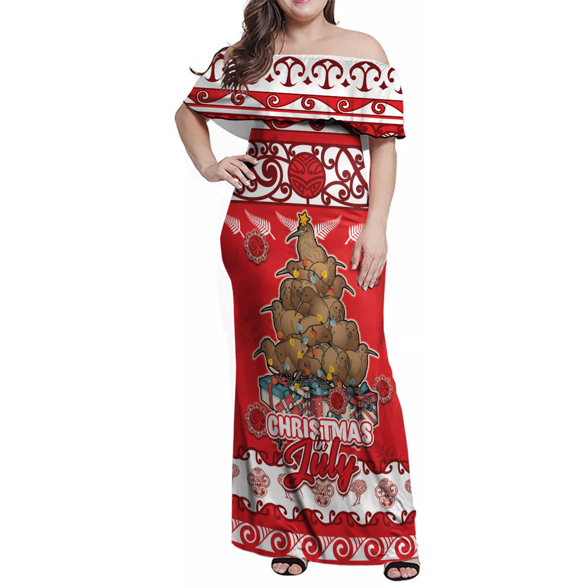 Personalised New Zealand Christmas In July Family Matching Off Shoulder Maxi Dress and Hawaiian Shirt Maori Kiwi Xmas Tree - Red LT05 Mom's Dress Red - Polynesian Pride