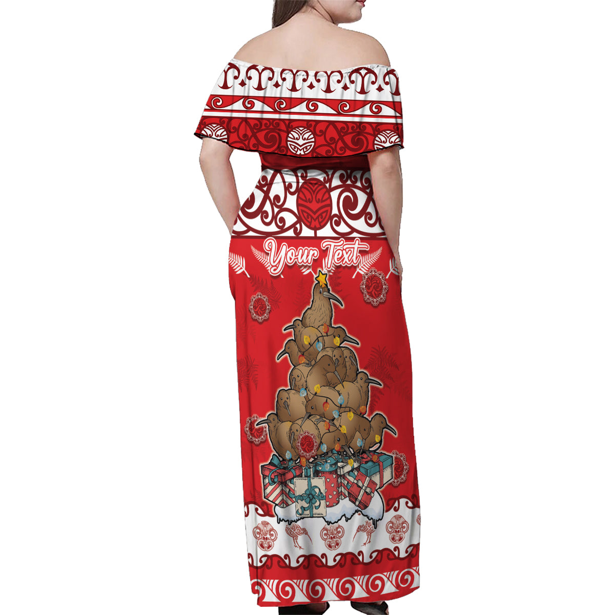 Personalised New Zealand Christmas In July Family Matching Off Shoulder Maxi Dress and Hawaiian Shirt Maori Kiwi Xmas Tree - Red LT05 - Polynesian Pride