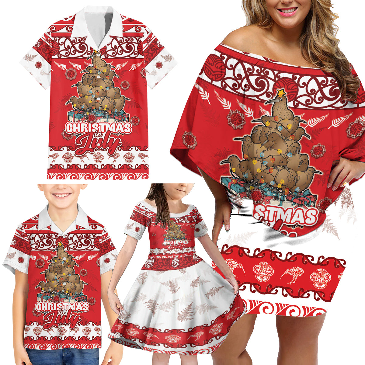 Personalised New Zealand Christmas In July Family Matching Off Shoulder Short Dress and Hawaiian Shirt Maori Kiwi Xmas Tree - Red LT05 - Polynesian Pride