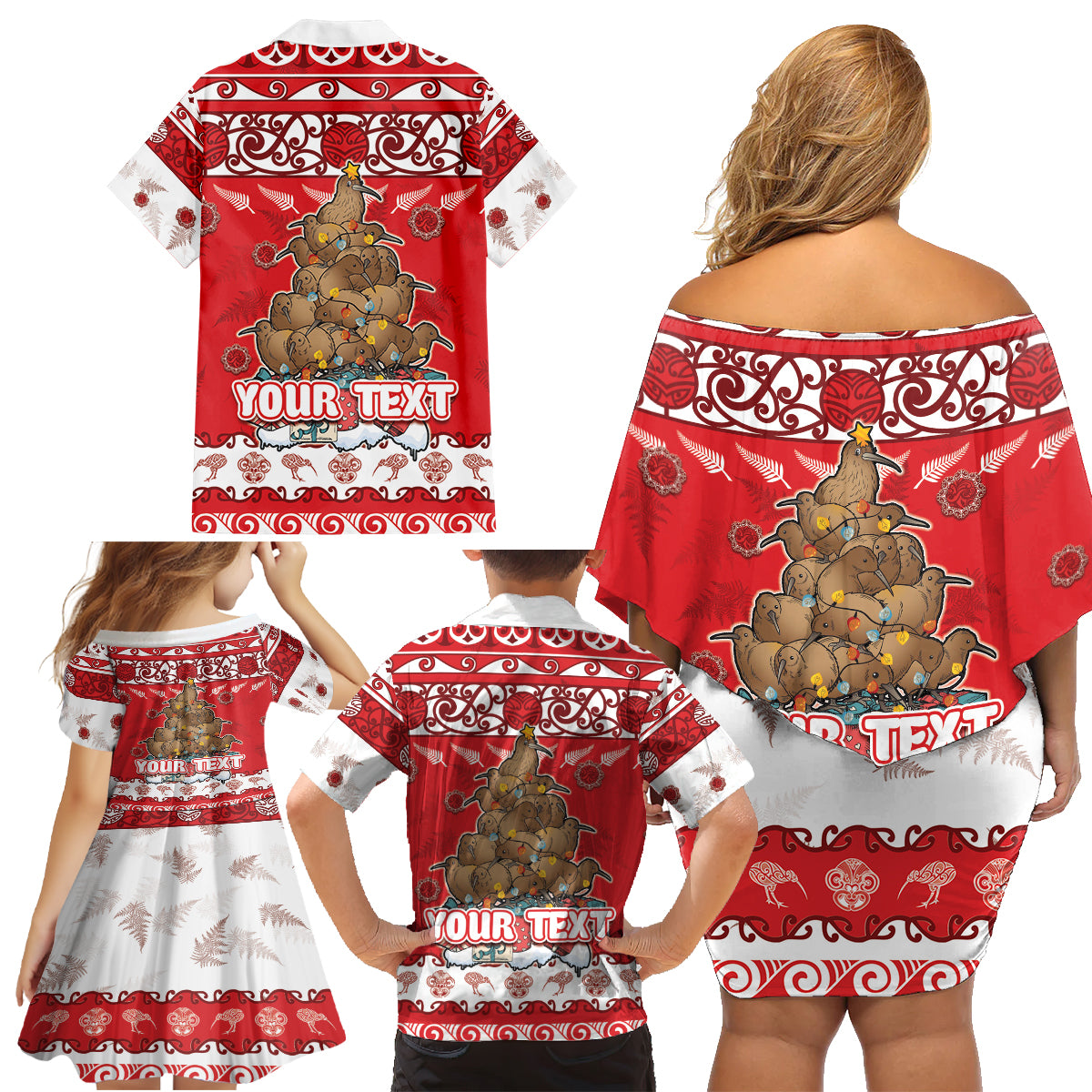 Personalised New Zealand Christmas In July Family Matching Off Shoulder Short Dress and Hawaiian Shirt Maori Kiwi Xmas Tree - Red LT05 - Polynesian Pride