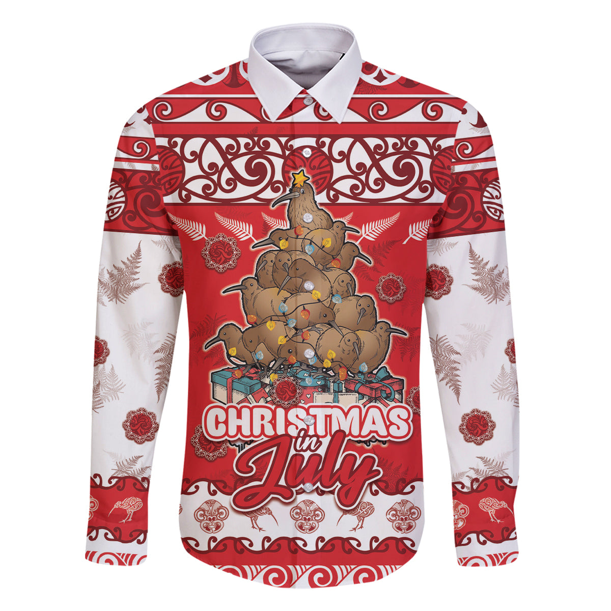 Personalised New Zealand Christmas In July Family Matching Off Shoulder Short Dress and Hawaiian Shirt Maori Kiwi Xmas Tree - Red LT05 Dad's Shirt - Long Sleeve Red - Polynesian Pride