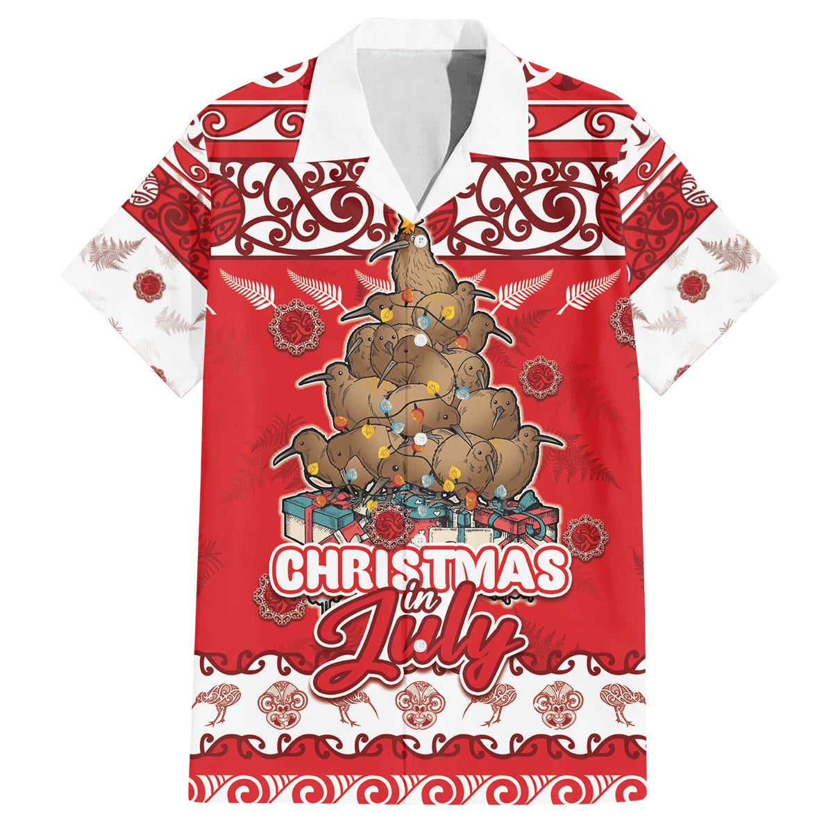 Personalised New Zealand Christmas In July Family Matching Puletasi and Hawaiian Shirt Maori Kiwi Xmas Tree - Red LT05 Dad's Shirt - Short Sleeve Red - Polynesian Pride
