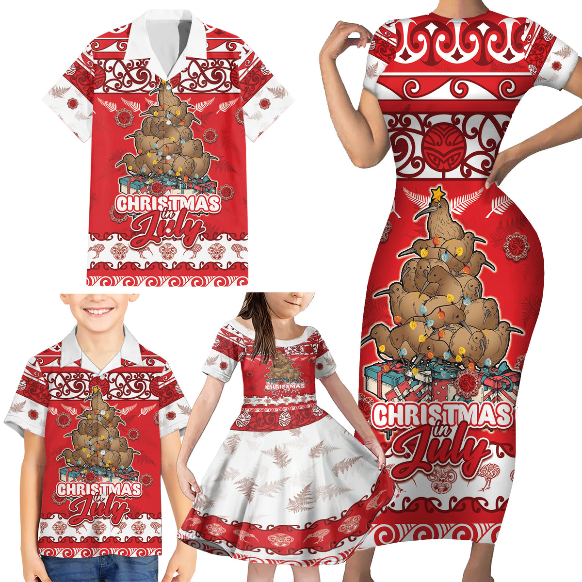 Personalised New Zealand Christmas In July Family Matching Short Sleeve Bodycon Dress and Hawaiian Shirt Maori Kiwi Xmas Tree - Red LT05 - Polynesian Pride