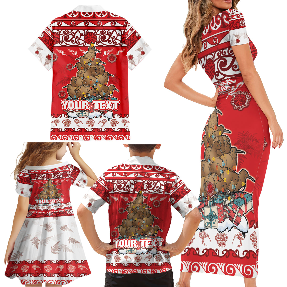 Personalised New Zealand Christmas In July Family Matching Short Sleeve Bodycon Dress and Hawaiian Shirt Maori Kiwi Xmas Tree - Red LT05 - Polynesian Pride
