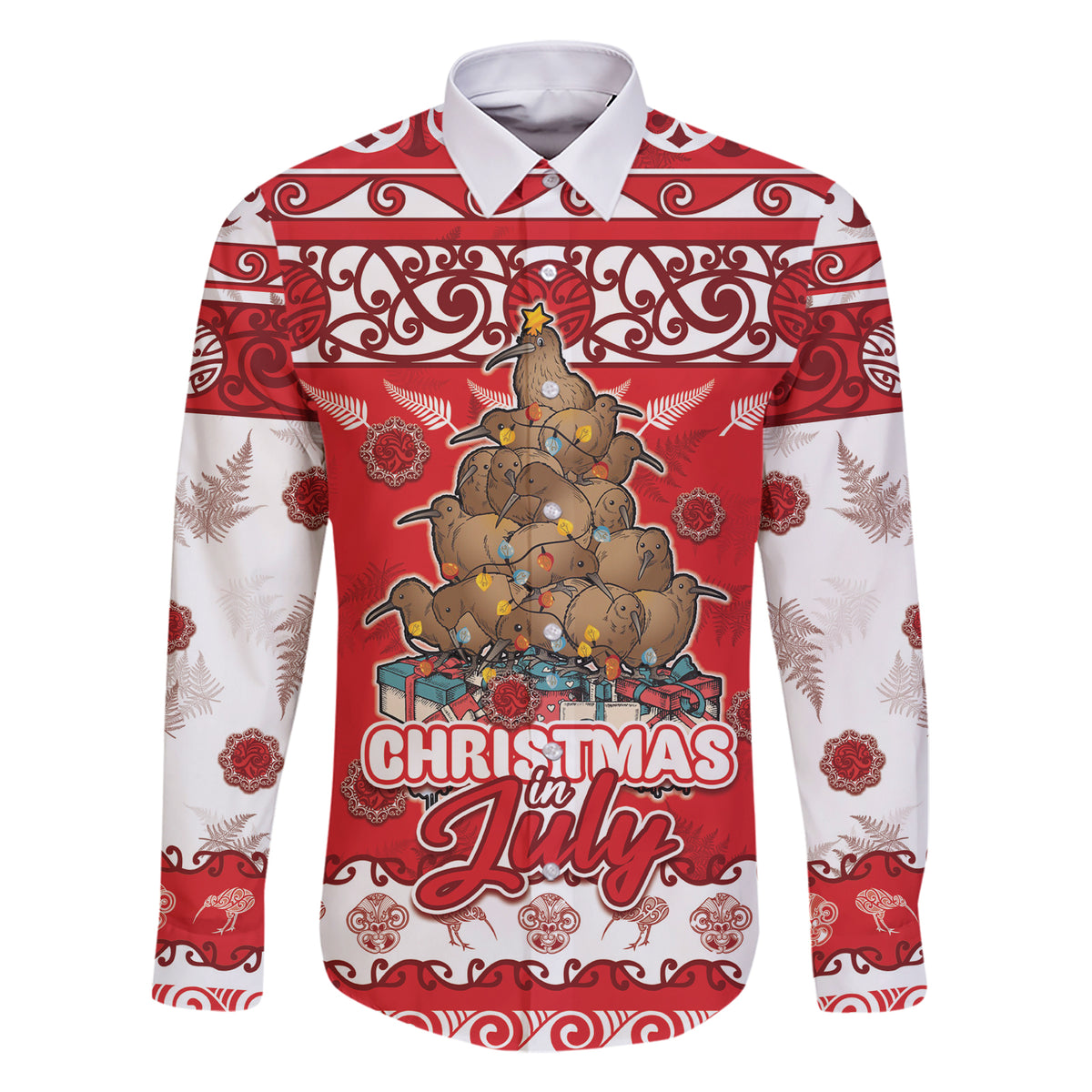 Personalised New Zealand Christmas In July Family Matching Short Sleeve Bodycon Dress and Hawaiian Shirt Maori Kiwi Xmas Tree - Red LT05 Dad's Shirt - Long Sleeve Red - Polynesian Pride