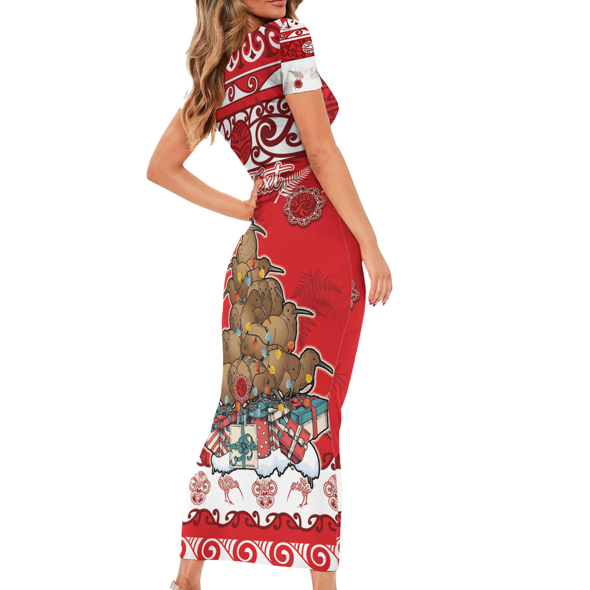 Personalised New Zealand Christmas In July Family Matching Short Sleeve Bodycon Dress and Hawaiian Shirt Maori Kiwi Xmas Tree - Red LT05 - Polynesian Pride