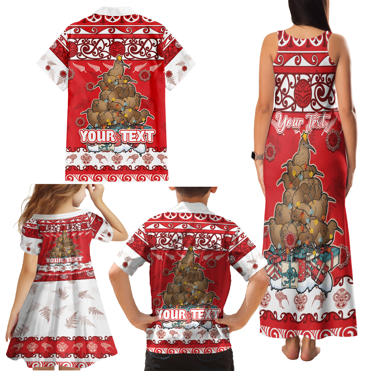 Personalised New Zealand Christmas In July Family Matching Tank Maxi Dress and Hawaiian Shirt Maori Kiwi Xmas Tree - Red LT05 - Polynesian Pride