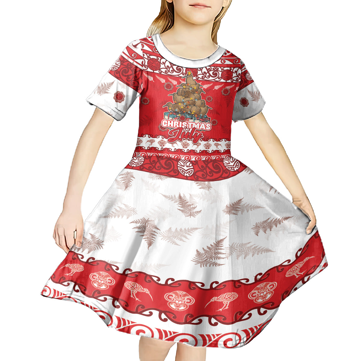 Personalised New Zealand Christmas In July Kid Short Sleeve Dress Maori Kiwi Xmas Tree - Red LT05 - Polynesian Pride