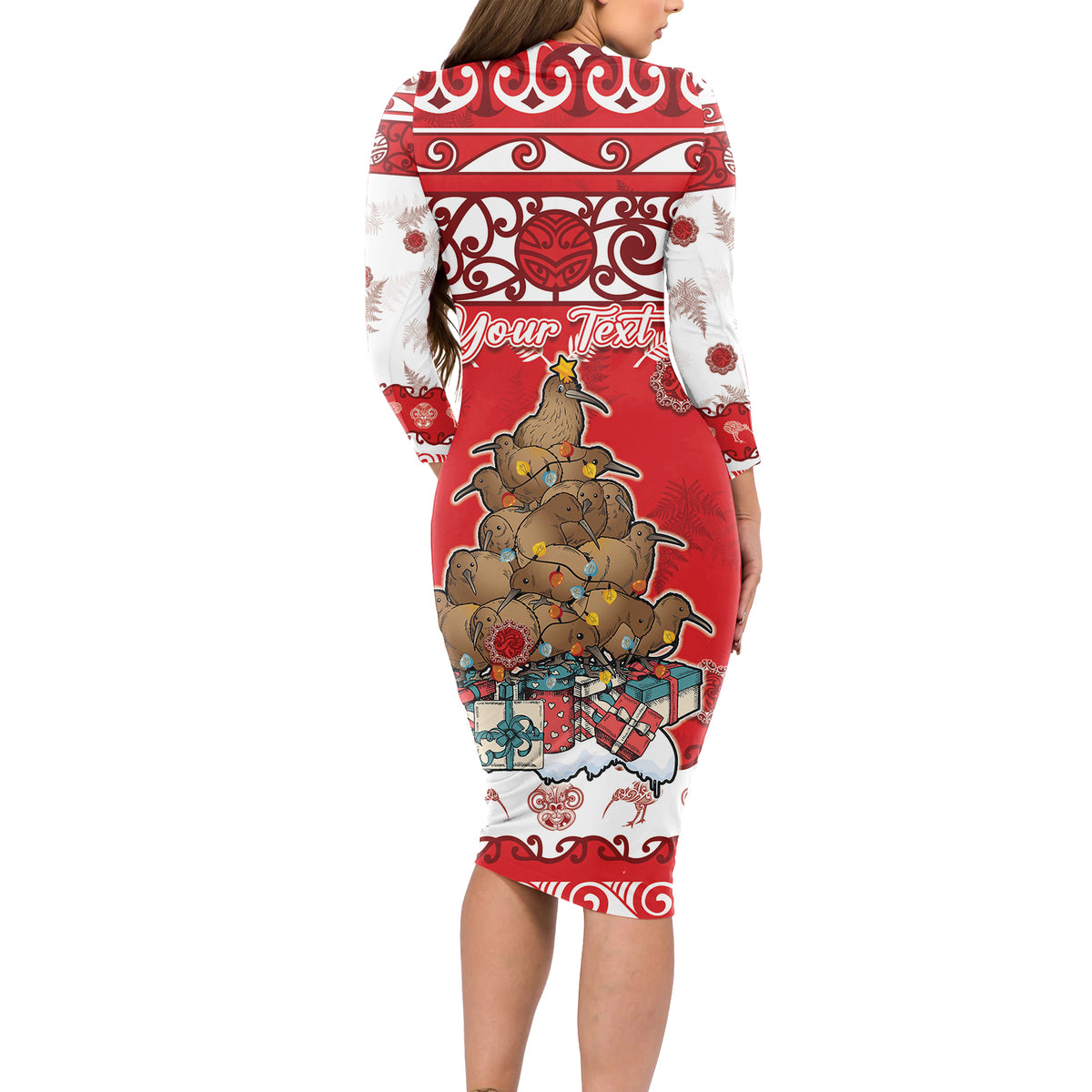 Personalised New Zealand Christmas In July Long Sleeve Bodycon Dress Maori Kiwi Xmas Tree - Red LT05 - Polynesian Pride
