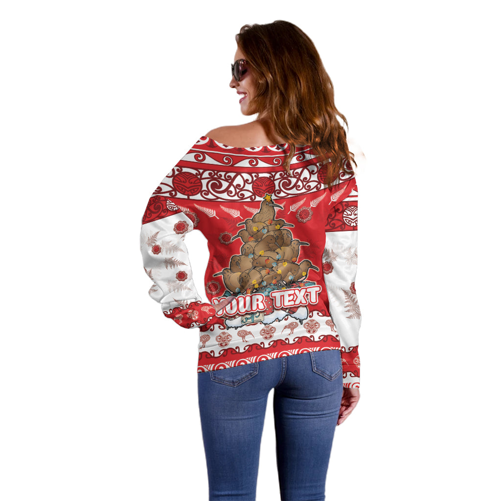 Personalised New Zealand Christmas In July Off Shoulder Sweater Maori Kiwi Xmas Tree - Red