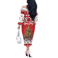 Personalised New Zealand Christmas In July Off The Shoulder Long Sleeve Dress Maori Kiwi Xmas Tree - Red LT05 - Polynesian Pride