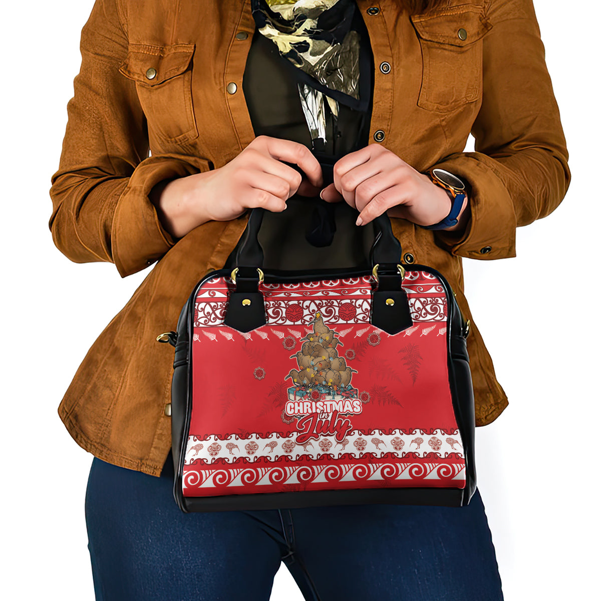 New Zealand Christmas In July Shoulder Handbag Maori Kiwi Xmas Tree - Red