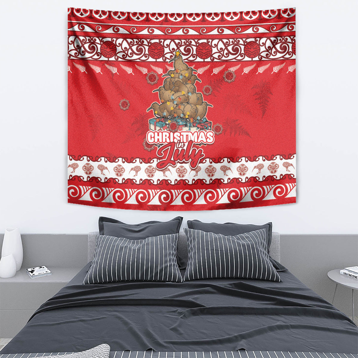 New Zealand Christmas In July Tapestry Maori Kiwi Xmas Tree - Red