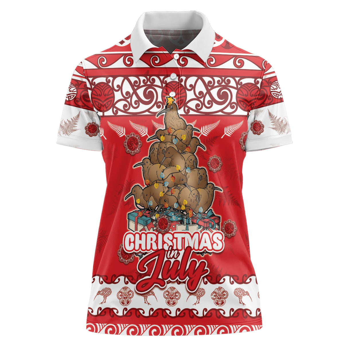 Personalised New Zealand Christmas In July Women Polo Shirt Maori Kiwi Xmas Tree - Red LT05 Female Red - Polynesian Pride