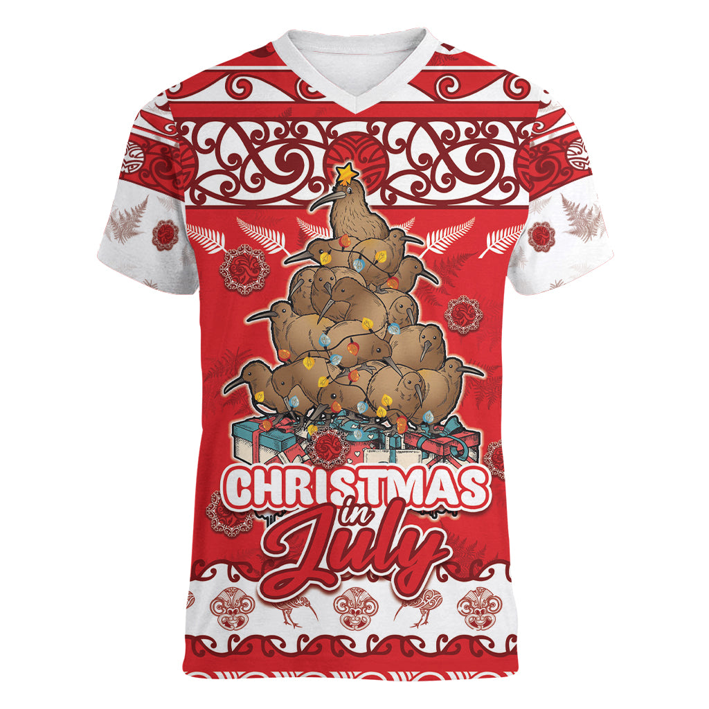 Personalised New Zealand Christmas In July Women V-Neck T-Shirt Maori Kiwi Xmas Tree - Red