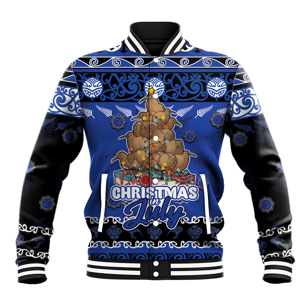 Personalised New Zealand July Christmas Baseball Jacket Maori Kiwi Xmas Tree - Blue