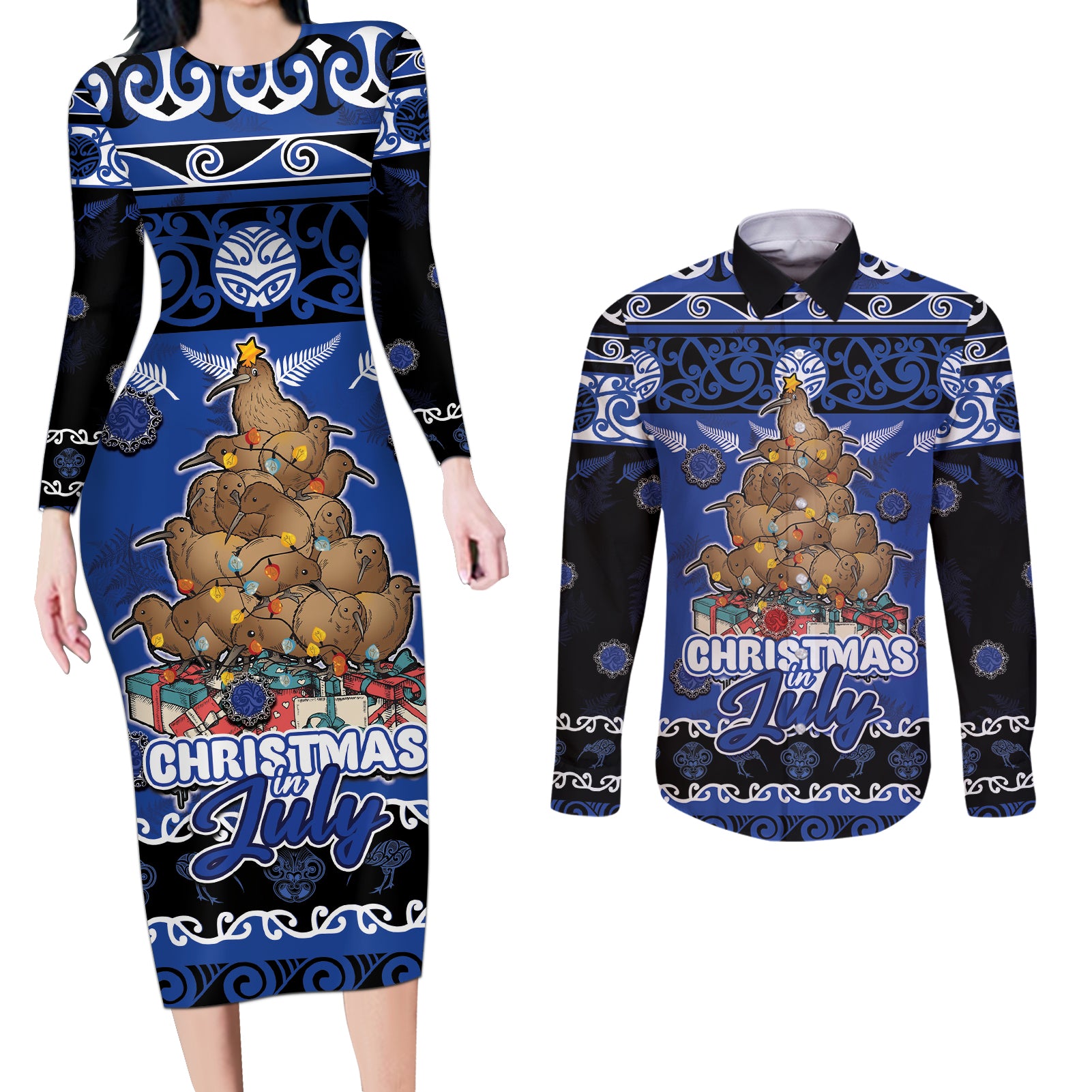 Personalised New Zealand July Christmas Couples Matching Long Sleeve Bodycon Dress and Long Sleeve Button Shirt Maori Kiwi Xmas Tree - Blue