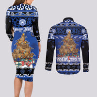 Personalised New Zealand July Christmas Couples Matching Long Sleeve Bodycon Dress and Long Sleeve Button Shirt Maori Kiwi Xmas Tree - Blue LT05 - Polynesian Pride