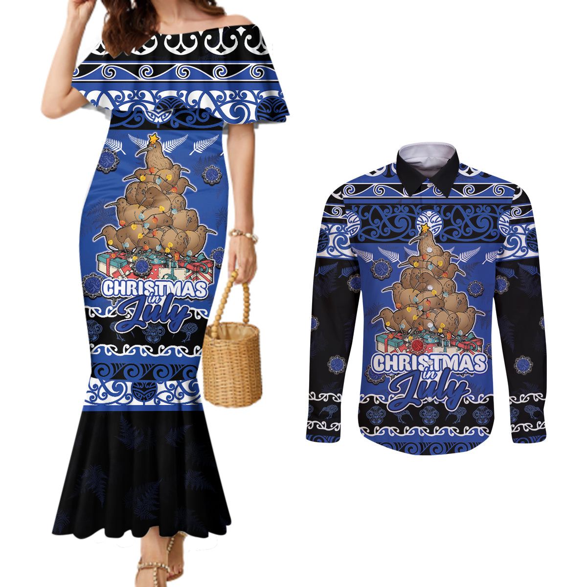 Personalised New Zealand July Christmas Couples Matching Mermaid Dress and Long Sleeve Button Shirt Maori Kiwi Xmas Tree - Blue