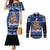 Personalised New Zealand July Christmas Couples Matching Mermaid Dress and Long Sleeve Button Shirt Maori Kiwi Xmas Tree - Blue