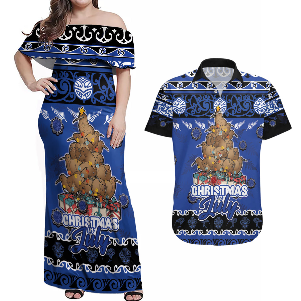 Personalised New Zealand July Christmas Couples Matching Off Shoulder Maxi Dress and Hawaiian Shirt Maori Kiwi Xmas Tree - Blue LT05 Blue - Polynesian Pride