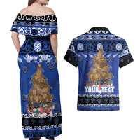 Personalised New Zealand July Christmas Couples Matching Off Shoulder Maxi Dress and Hawaiian Shirt Maori Kiwi Xmas Tree - Blue LT05 - Polynesian Pride