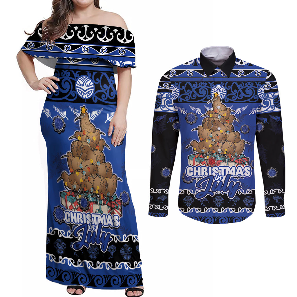 Personalised New Zealand July Christmas Couples Matching Off Shoulder Maxi Dress and Long Sleeve Button Shirt Maori Kiwi Xmas Tree - Blue
