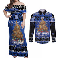 Personalised New Zealand July Christmas Couples Matching Off Shoulder Maxi Dress and Long Sleeve Button Shirt Maori Kiwi Xmas Tree - Blue LT05 Blue - Polynesian Pride