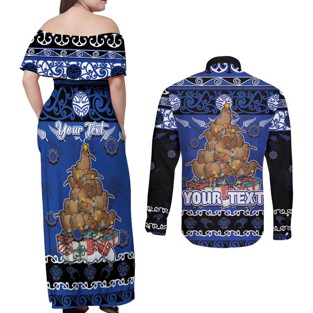 Personalised New Zealand July Christmas Couples Matching Off Shoulder Maxi Dress and Long Sleeve Button Shirt Maori Kiwi Xmas Tree - Blue LT05 - Polynesian Pride