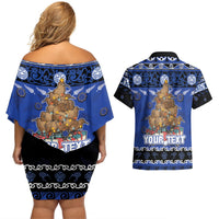 Personalised New Zealand July Christmas Couples Matching Off Shoulder Short Dress and Hawaiian Shirt Maori Kiwi Xmas Tree - Blue LT05 - Polynesian Pride