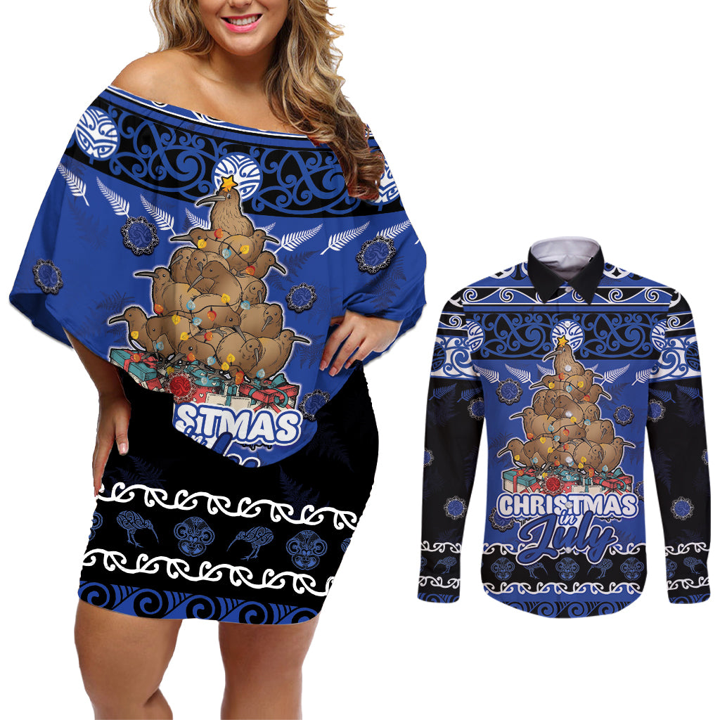 Personalised New Zealand July Christmas Couples Matching Off Shoulder Short Dress and Long Sleeve Button Shirt Maori Kiwi Xmas Tree - Blue