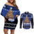 Personalised New Zealand July Christmas Couples Matching Off Shoulder Short Dress and Long Sleeve Button Shirt Maori Kiwi Xmas Tree - Blue