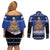 Personalised New Zealand July Christmas Couples Matching Off Shoulder Short Dress and Long Sleeve Button Shirt Maori Kiwi Xmas Tree - Blue