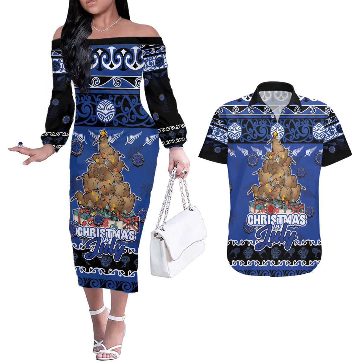 Personalised New Zealand July Christmas Couples Matching Off The Shoulder Long Sleeve Dress and Hawaiian Shirt Maori Kiwi Xmas Tree - Blue LT05 Blue - Polynesian Pride