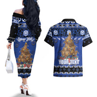 Personalised New Zealand July Christmas Couples Matching Off The Shoulder Long Sleeve Dress and Hawaiian Shirt Maori Kiwi Xmas Tree - Blue LT05 - Polynesian Pride