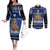 Personalised New Zealand July Christmas Couples Matching Off The Shoulder Long Sleeve Dress and Long Sleeve Button Shirt Maori Kiwi Xmas Tree - Blue