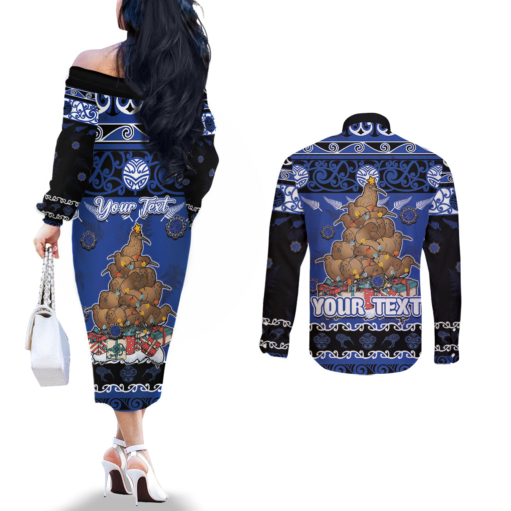 Personalised New Zealand July Christmas Couples Matching Off The Shoulder Long Sleeve Dress and Long Sleeve Button Shirt Maori Kiwi Xmas Tree - Blue LT05 - Polynesian Pride