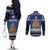 Personalised New Zealand July Christmas Couples Matching Off The Shoulder Long Sleeve Dress and Long Sleeve Button Shirt Maori Kiwi Xmas Tree - Blue