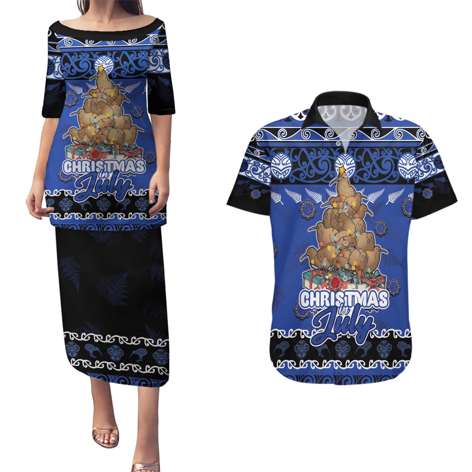 Personalised New Zealand July Christmas Couples Matching Puletasi and Hawaiian Shirt Maori Kiwi Xmas Tree - Blue