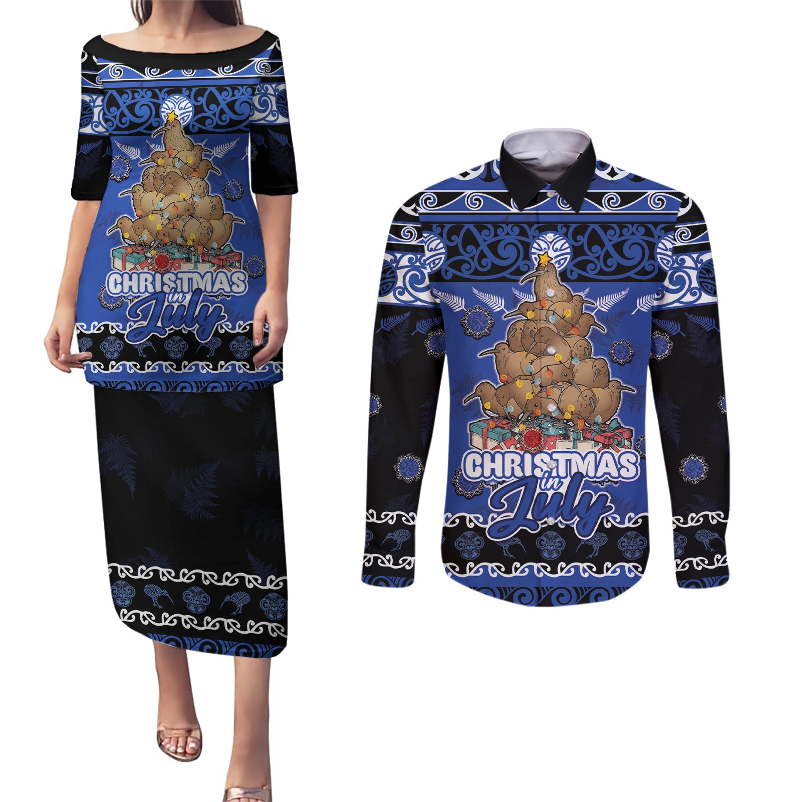 Personalised New Zealand July Christmas Couples Matching Puletasi and Long Sleeve Button Shirt Maori Kiwi Xmas Tree - Blue